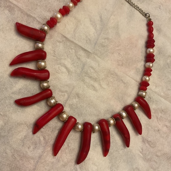 Red Genuine Coral white pearl beads Necklace Earrings set - Picture 11 of 12